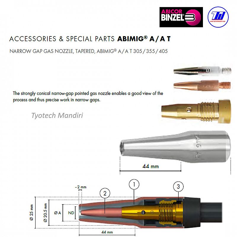 NARROW GAP GAS NOZZLE, TAPERED, ABIMIG&reg; A / A T 305 / 355 / 405