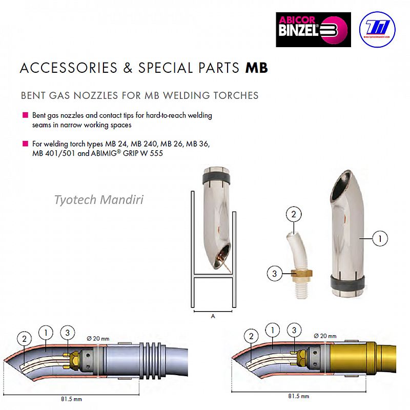 BENT GAS NOZZLES FOR MB WELDING TORCHES